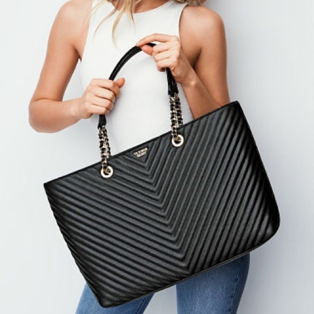 Victoria Secret black solder quilted tote bag with chain accents, gold tone
